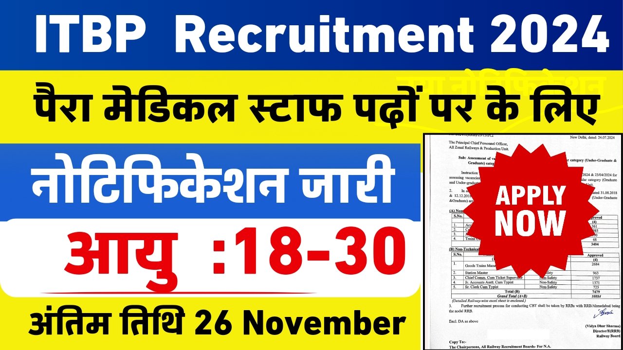 ITBP Paramedical Staff Recruitment 2024 : आइटीबीपी पैरामेडिकल स्टाफ भर्ती 2024 का नोटिफिकेशन जारी, ऑनलाइन आवेदन करें